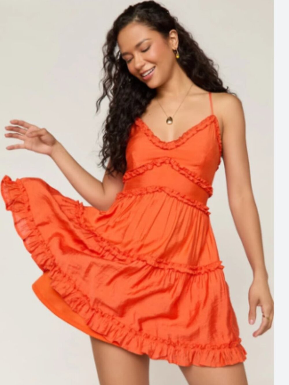 Francesca's Mindy Ruffled Spaghetti Strap Mini Dress in Bright Coral NEW